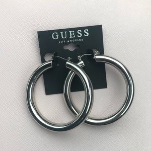 Guess Silver Tone Thick Hoop Earrings Simple Plain